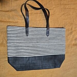 New Black and White Striped Lined Woven Tote Bag with Zip & Leather Styl…